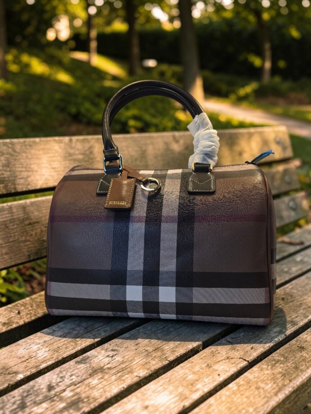 Burberry Boston-Style Satchel in Brown and Black Check NWOT